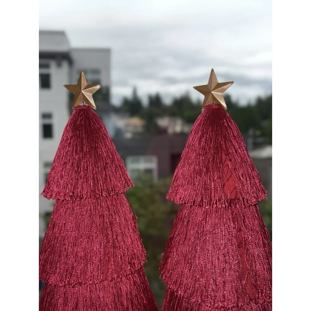 Set of 2 Red Tassel Christmas Trees Gold Star Toppers Tabletop Holiday Decor
